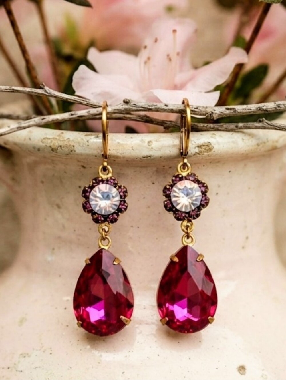 Fuchsia & Pink Rosewater Opal Flower Swarovski Crystals In Gold Plated Earrings